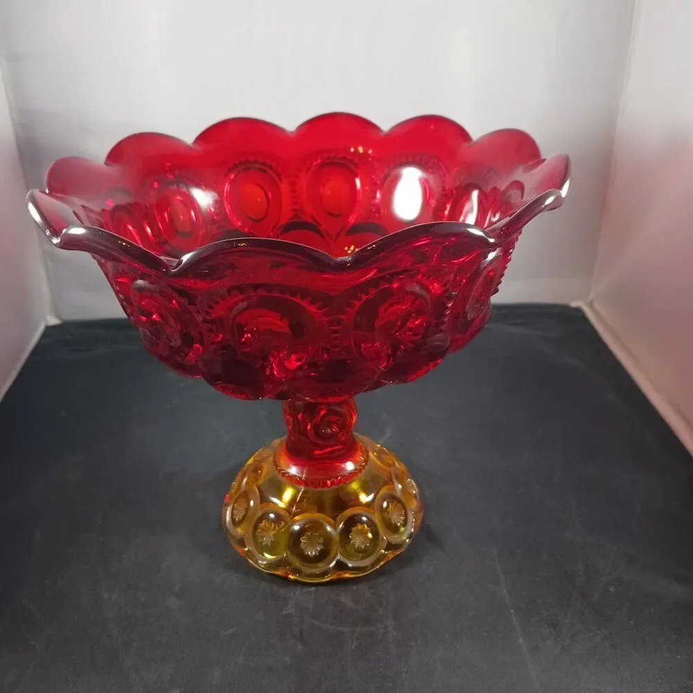 LE Smith Moon & Stars Red Orange Glass Pedestal Footed Compote Candy Dish Bowl